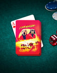 Personalized 'Paw Watch 1991' playing cards featuring two custom pet portraits on a red sunset background.