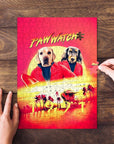 Personalized "Paw Watch 1991" custom puzzle featuring two dogs in a red and yellow sunset beach scene.