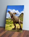 Personalized 'Pawasaurus Rex' pet canvas featuring a dog's head on a T-Rex body in a prehistoric landscape.