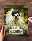 Personalized Pawblo Escobar pet puzzle featuring a bulldog in a white shirt, surrounded by money.
