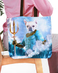 Personalized "Pawseidon" tote bag featuring a French Bulldog pet portrait as a royal, trident-wielding figure in blue armor.