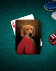 Personalized playing cards featuring a golden retriever in a royal renaissance portrait on a green felt table.