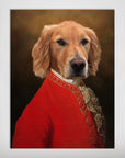 Golden retriever in a red, ornate, historical-style jacket on a personalized matte poster.