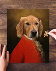 Personalized Golden Retriever pet portrait puzzle in a red renaissance costume, with hands assembling pieces.