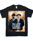 Black Gildan t-shirt with a "Peaky Woofers" design featuring two dogs in suits and hats.