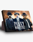 Personalized 'Peaky Woofers' standing canvas featuring three pets in vintage suits and hats on a dark background.