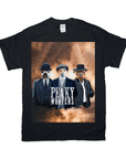 Black Gildan t-shirt featuring three personalized pet portraits dressed as "Peaky Woofers" in suits and hats.