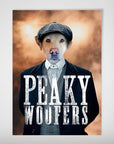 Personalized "Peaky Woofers" poster featuring a dog's head on a character wearing a flat cap and suit.