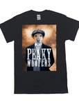 Black Gildan t-shirt with a personalized "Peaky Woofers" design featuring a dog in a suit and flat cap.