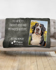 Personalized memorial pet blanket with a Bernese Mountain Dog portrait and "In Loving Memory" text.