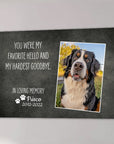 Personalized memorial pet canvas with a Bernese Mountain Dog photo and "You were my favorite hello..." quote.