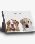 Personalized modern 2 pet standing canvas featuring a bulldog and a labrador portrait with "CARL & JAX" text.
