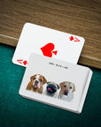 Personalized playing cards featuring custom pet portraits of three dogs in a modern style.