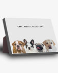 Personalized modern standing canvas featuring four pet portraits and names on a white background.