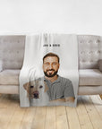 Personalized modern pet and human blanket with a custom cartoon portrait of a man and a yellow lab.