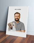 Personalized modern pet and human canvas featuring a man and a yellow lab, titled "JAX & GREG".