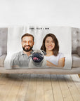 Personalized modern pet and human portrait blanket featuring a man, woman, and pug.