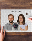 Personalized modern pet and human portrait puzzle featuring a couple and their pug.
