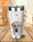 Personalized stainless steel tumbler with a custom watercolor portrait of a yellow Labrador dog named Jax.