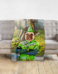 Personalized Peter Paw pet blanket featuring a pug in a green Peter Pan costume.
