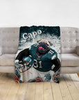 Personalized pet blanket featuring a pug in a football uniform with "Capo" text.