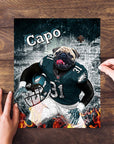 Personalized pet puzzle featuring a pug in a Philadelphia Eagles football uniform.