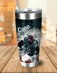 Personalized stainless steel tumbler with a custom pug pet portrait in a football uniform.