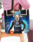 Personalized Philadoggos 76ers tote bag with a custom bulldog pet portrait in a basketball jersey.