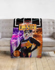 Personalized minky blanket featuring a dog in a custom basketball player portrait design.