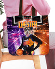 Personalized tote bag with a dog's custom basketball portrait, featuring "Chester" and "Paws" on a court background.