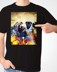 Black Gildan t-shirt with two personalized pets, a pitbull and a pug, in Pittsburgh Steelers football jerseys.