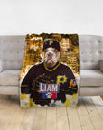 Personalized pet blanket featuring a bulldog in a baseball uniform with "LIAM" and a city skyline.