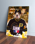 Personalized pet canvas featuring a bulldog in a black Pittsburgh Pawrates baseball uniform and cap.