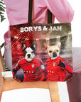 Personalized tote bag featuring two dogs in red soccer jerseys with names "Borys & Jan".