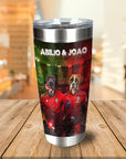 Personalized stainless steel tumbler with two dogs in Portugal soccer jerseys, "ABILIO & JOAO" text.