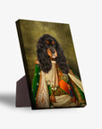 Personalized pet portrait standing canvas featuring a black and tan dog in a green and gold royal costume.