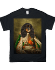 Black Gildan t-shirt with a custom portrait of a Cavalier King Charles Spaniel in a regal, green and white uniform.