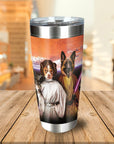Personalized stainless steel tumbler with two pets dressed as Star Wars characters, a chihuahua as Princess Leia and a German Shepherd as a Jedi.