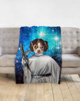 Personalized pet blanket with a dog portrait as Princess Leia against a starry galaxy background.