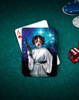 Personalized playing card featuring a dog's portrait as Princess Leia, on a green felt table with chips and dice.