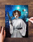Personalized pet puzzle featuring a dog as Princess Leia, with a starry blue background.