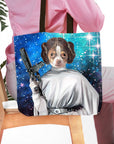 Personalized tote bag with a chihuahua pet portrait as Princess Leia against a starry blue background.