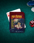 Custom "Pup Fiction" playing cards featuring a personalized dog portrait on a movie poster design, with poker chips and dice.