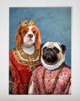 Personalized "Queen and Archduchess" pet poster featuring a Cavalier King Charles Spaniel and a Pug in regal attire against a blue background.