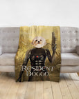 Personalized pet blanket with a Doggovinci portrait of a dog in a Resident Evil-style costume.