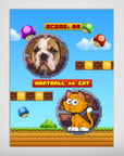 Retro video game personalized pet poster featuring a bulldog and pixelated cat on a blue sky background.