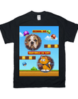 Black Gildan t-shirt with a pixelated retro video game design featuring a bulldog and a cat.