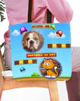 Personalized pet portrait tote bag featuring a bulldog and cat in a retro video game pixel art style.