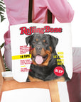 Personalized "Rolling Bone" white tote bag with a custom Rottweiler pet portrait.