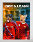 Personalized 'Russia Doggos' poster featuring two pets in red soccer jerseys with a stadium background.